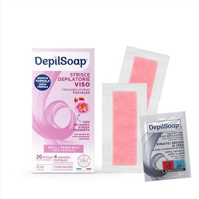 Depilsoap® - Strisce Depilatorie Viso – Indicato Per Pelli Sensibili – 20 Strisce Depilatorie E 4 Salviettine Post-Depilazione – Formula Arricchita Con Olio Di Rosa Mosqueta E Burro Di Karitè