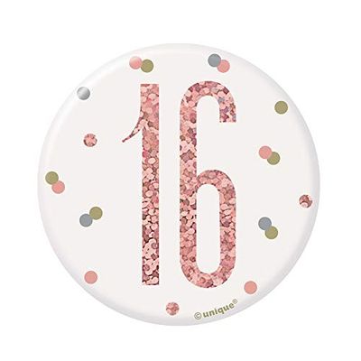 Unique Party 84865 Nummer 16" Badge | Glittery Rosé goud | 1 St., Rosé Goud, Leeftijd