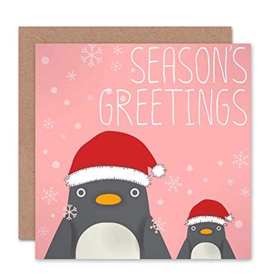 Wee Blue Coo CHRISTMAS PINK PENGUIN SNOW SANTA hoed BLANK GREETINGS CARD