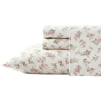 Laura Ashley Home Collection premium ultramjukt mysigt lätt bomullsflanell sängklädesset, rynkigt, anti-blekning, fläckbeständigt och allergivänligt, kung, Audrey rosa (201593)