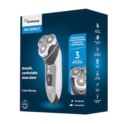 Paul Anthony Pro Series 3 Titanium Mens Cordless Lithium USB Rotary Shaver / 3 Titanium Steel Flexible Heads / 90 Minute Usage/Washable Head/Comfortable Rubberised Grip - Black - H5010BK
