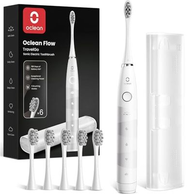 Oclean Brosse à Dents Électrique TravelGo FlowSet, Autonomie de 180 jours avec 6 Brossettes et 5 Modes, Brosse à Dents Sonique, Minuterie & Rappel 30s, 1 Étui Voyage, Set Blanc
