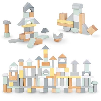 mamabrum, Blocs de Bois Pastel - Lot de 100 Blocs de 5 Couleurs différentes et 8 Formes, délicats, Couleurs Pastel