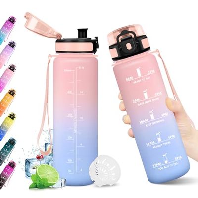 KollyKolla Botella Agua Deportiva 500ml, Garrafa Agua sin BPA, Botella con Marca de Tiempo con Filtro, Motivacional, Reutilizable, Cantimplora para Escuela, Oficina, Sport, Yoga, Gimnasio