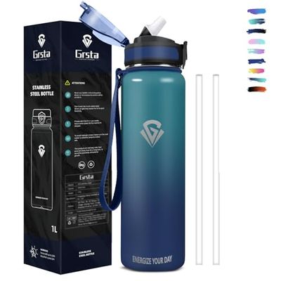 Grsta Gourde Isotherme, Gourde 1l Anti-Fuite, Gourde Paille sans BPA, Gourde Sans BPA, Gourde Reutilisable, Facile à Transporter, Bouteille d'eau pour Camping, Randonnée, Running, Vélo, Yoga, Foot