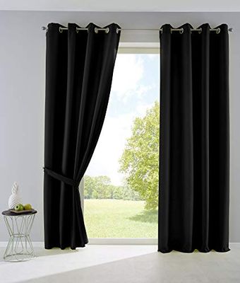 Set van 2 gordijnen, ondoorzichtig, mat, lichtdoorlatend, met oogjes en embrasses deco, H x B 175 x 140 cm, zwart, 10000265-2