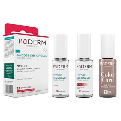 PODERM - LOT 3 PRODUITS | MYCOSE ONGLE TRAITEMENT PURIFIANT + BOOSTER - 2 Best Sellers pour soigner les ongles jaunes et abimés + Vernis Taupe Tea Tree camoufle les ongles abimés | Swiss Made