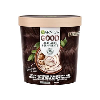 Garnier - Coloration Permanente - Sans Ammoniaque - 90% d'Ingrédients d'Origine Naturelle et Formule Vegan - Beurre de Karité - 100% Couverture Cheveux Blancs - Châtain Foncé Myrtille (3.12) - Good