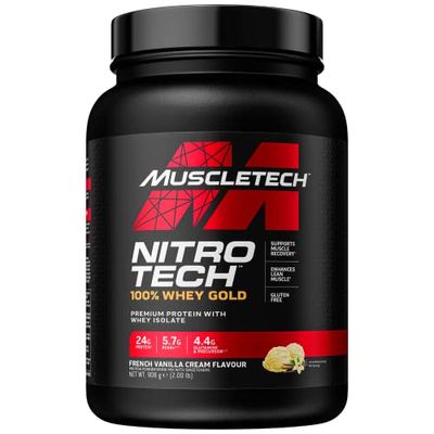 MuscleTech NitroTech 100% Whey Gold Protein Powder, Build Muscle Mass, Whey Isolate Protein Powder & Peptides, Protein Shake For Men & Women, 5.5g BCAA, 28 Servings, 908g, French Vanilla Cream