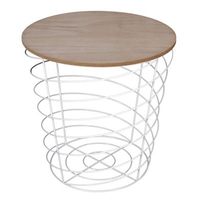 HOME DECO FACTORY Table Filaire Appoint Salon Cage Coffre Rangement Metal Blanc Bois, 40,5 cm Hd7200