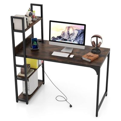 FANTASK Escritorio de 120 x 65 cm con estantería Abierta, Mesa de Ordenador con estantería Abierta y Marco de Metal y USB y Enchufe, Mesa de Trabajo de Madera, Mesa de Oficina para Oficina y salón
