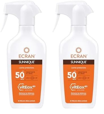 Ecran Sunnique - Leche Protectora Solar SPF 50 en Spray, Protección Media UVA, UVB y IR-A, Refuerza las Defensas, Resistente al Agua, para la Piel de Toda la Familia - 270 ml (Paquete de 2)