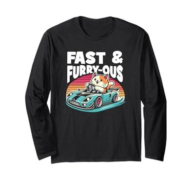 Fast & Furry-ous, Kawaii Lindo Gato Divertido Conducción Coche Deportivo Manga Larga