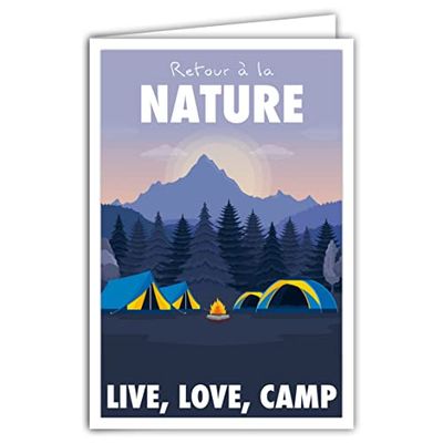 Afie 69-4337 kaart terug naar de natuur, Live Love Camp, met envelop voor camper, vakantie, avonturier, scouts - mini-poster, formaat 17 x 11,5 cm - Mountain Bomen Retro Vintage