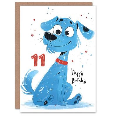 Artery8 Birthday Card Blue Dog Lover Puppy Cartoon Cute 11th 11 Year Old For Child Kids Son Daughter Greeting Card