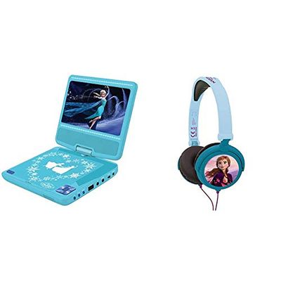 Disney LEXIBOOK Lettore Dvd Portatile Frozen 2, Schermo Rotante da 7 "per Bambini, Telecomando, Elsa, caricabatteria per Auto & HP010FZ Cuffie Stereo Bambini Frozen, Design Anna/Elsa