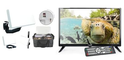 Easyfind Traveller Kit II incl. 24" LED Camping TV (60,96 cm, HD Ready, DVB-T2/S2/C, EasyFind2, USB, PVR Ready, CI+, 12/24/230 Volt, satelliet-platte antenne, meetapparaat), 3215-A, wit, plat ontwerp