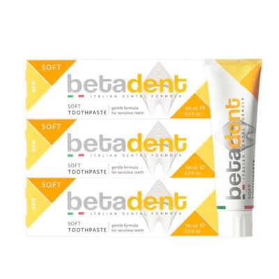 Betadent Zestaw 3 SOFT DENTIFRIC dla wrażliwych zębów. Przeciwstawia zapalenie dziąseł. Działanie odkażające i łagodzące. Z aloesem, olejem z drzewa herbacianego i naturalnymi składnikami. 3x100ml
