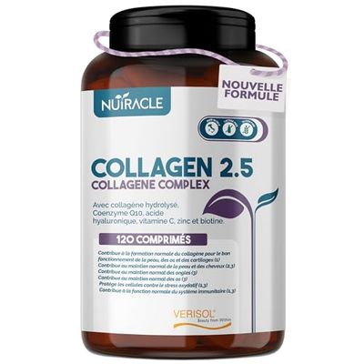 Collagène Hydrolysé Verisol® 2500 mg + Acide Hyaluronique + Coenzyme Q10 - Complément pour la Peau, les Cheveux et les Os avec Biotine, Zinc et Vitamine C - 120 comprimés, Nutracle