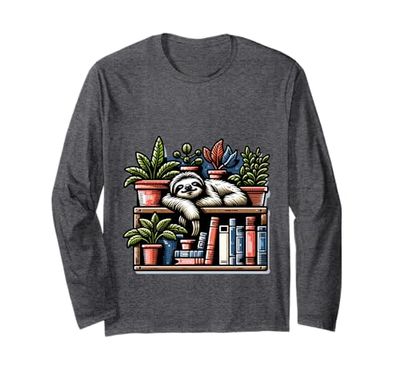 Cosy Sloth In Bookshelf With Plants Long Sleeve T-Shirt
