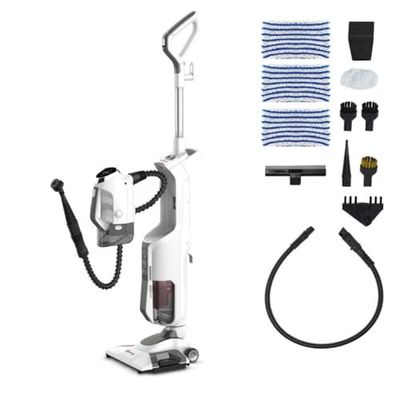 Polti Vaporetto 3 Clean, Balai Vapeur Aspirateur Sans Sac, 3 en 1, 12 Accessoires Inclus, Aspirateur à Main, Chauffage en 30 secondes, Puissance Maximale de 1800 Watts, Blanc et Gris