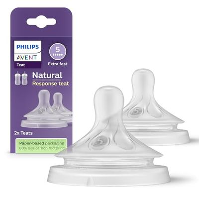 Philips Avent Lot de 2 tétines pour biberon à Réponse Naturelle 0% BPA, Débit 5 pour Bébé de 6 mois + (modèle SCY965/02)
