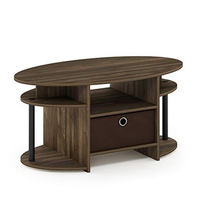Furinno Jaya Simple Design Oval Coffee Table with Bin, Walnut/Black/Dark Brown, Engineered Wood, Columbia Noyer/Noir/Marron Foncé, Lot de 1