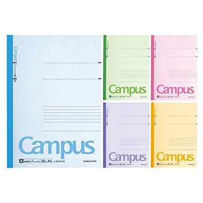 Wsgoo Kokuyo Campus Notebook, A 7mm(0.28in) Ruled, A4, 30 Sheets, 35 Lines, Pack of 5, 5 Colors, Japan Improt (NO-203CAX5)