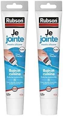 Rubson Je Jointe Mastic Blanc 50 ml, mastic étanche anti-moisissure en tube prêt à l'emploi, mastic silicone durable pour joints sanitaires spécial Bain & Cuisine (Lot de 2)