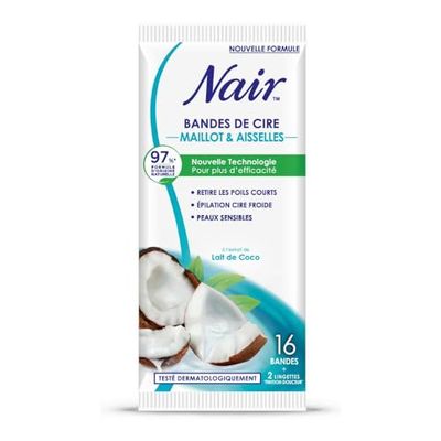 NAIR - Bandes de Cire Froide Maillot & Aisselles à l'Extrait de Lait de Coco, 97% d'Origine Naturelle, Sachet Nomade, 16 Bandes + 2 Lingettes "Finition Douceur"