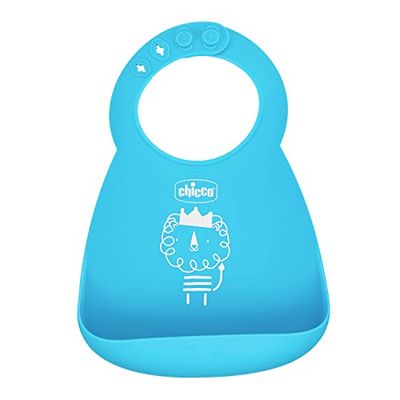Chicco Easy Roll slabbetje van zachte siliconen, praktisch, waterdicht, gemakkelijk te reinigen, verstelbare kraag, met grote zak, 6 maanden+, blauw