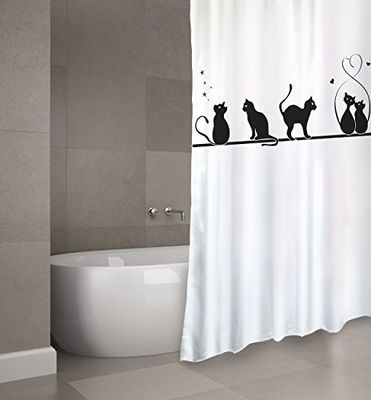 MSV Cortina de Ducha de poliéster con diseño de Gato, Multicolor, 180 x 200 cm