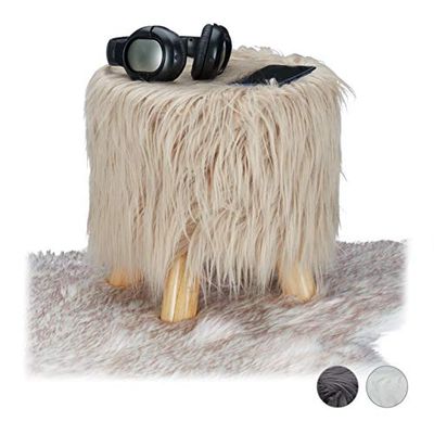 Relaxdays Banqueta de pelo sintético macio com 4 pernas, DM, madeira de pinheiro e poliéster, castanho, 31 x 31 cm