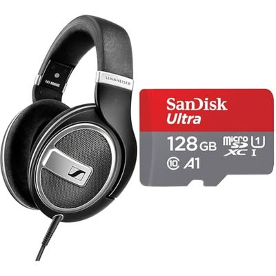 Sennheiser HD 599 Special Edition, cuffie aperte sul retro, nero e scheda di memoria SanDisk Ultra Android microSDXC UHS-I da 128 GB + adattatore