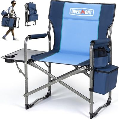 OVERMONT Chaise De Camping Pliable - Fauteuil De Régie Pliable - Supporte Jusqu'à 180 Kg - Chaise Pliable avec Table Latérale Et Sac Isotherme pour Camping Pêche Festival Bleu