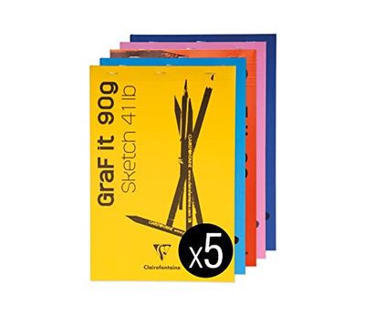 Clairefontaine 96623C Graf'It Stapled Pad - 80 Sheets Plain Sketch Drawing Paper - Detachable Sheets - A4 21x29.7 cm 90g - Random Ass Cover Colours - Pack of 5 pads