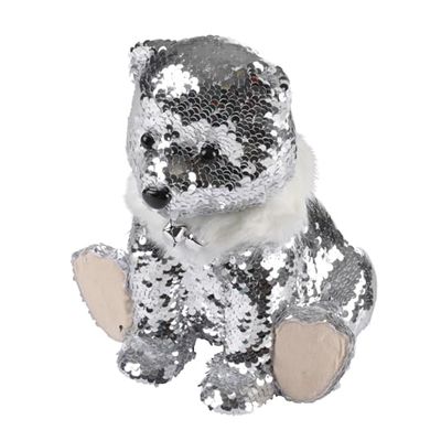 AUTOUR DE MINUIT Ourson Polyfoam 23 x 19.5 x H16Cm avec Sequins Argent Echarpe Blanche