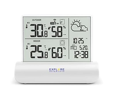 Explore Scientific WSH4501 Stazione meteorologica con display in vetro trasparente, pressione barometrica, temperatura e umidità interna e esterna, sensore incluso, bianco