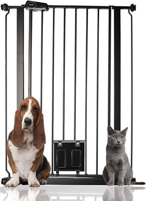 Bettacare Pet Gate with Lockable Cat Flap, 75cm - 84cm, Black, 104cm in Height, Extra Tall Dog Safety Barrier with Cat Flap, Easy Installation