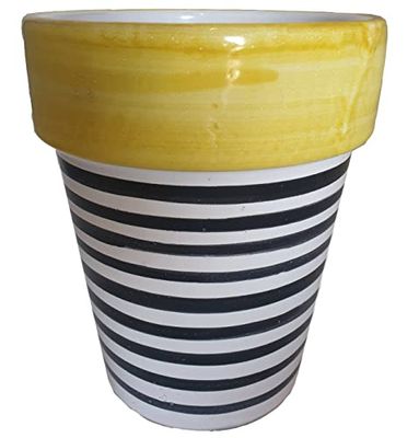 Ceramiche Angela Rinaldi – Vaso in Ceramica di Vietri dipinto a mano per piante Maiolica Design Terracotta Coccio Cachepot (Altezza cm. 22, diametro cm. 20, giallo + linee nere)