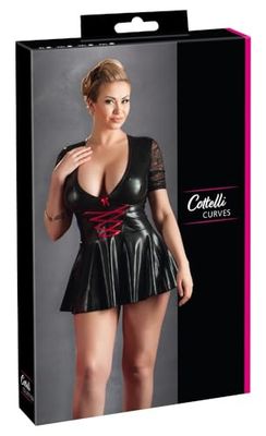 Cottelli Collection Curves Patent Dress - Seductive Mini Dress for Women with V-Neck, Cross Lacing, Lace Sleeves, Black/Red
