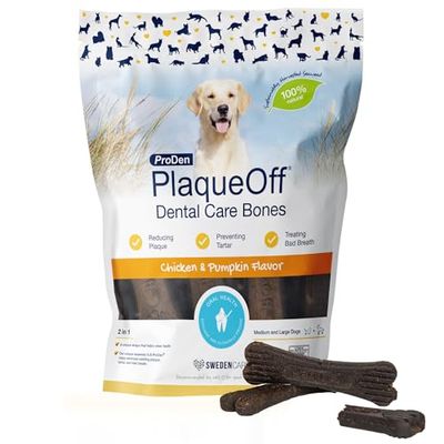 ProDen PlaqueOff 13 Huesos Dentales para Perros Medianos y Grandes, Eliminador de Sarro, Placa y Mal Aliento, Mejora la Salud Oral en General, Sabor: Pollo y Calabaza