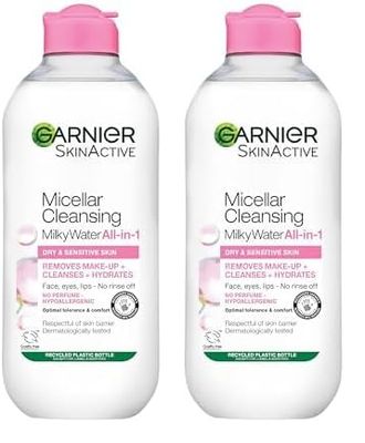 Garnier Micellar Cleansing Water For Dry Skin 400 ml, Milky Face Cleanser and Makeup Remover, Fragrance Free, Recognised By The British Skin Foundation, Use With Reusable Micellar Eco Pads (Pack of 2)