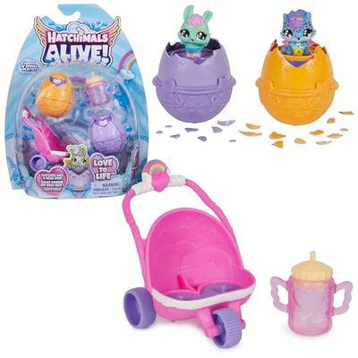 HATCHIMALS ALIVE - Pack de 2 Hatchimals + Poussette - 2 Oeufs, 2 Figurines À Collectionner, 1 Poussette Et 3 Accessoires - A Faire Eclore Avec De L'Eau - Thème Bébé - Jouet Enfant 3 Ans et +
