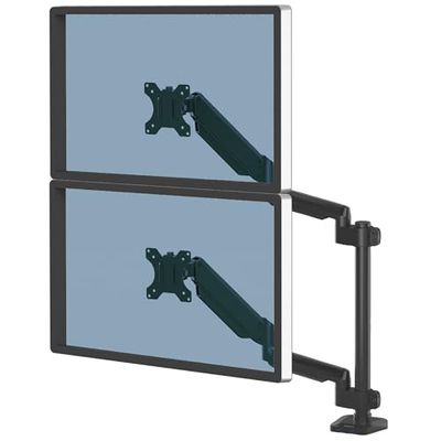 Fellowes Brazo para Monitor Doble Vertical Platinum Series - Soporte para monitor ajustable, con funciones de inclinación, giro y rotación y con 2 puertos USB - Tamaño máximo del monitor 32" - Negro