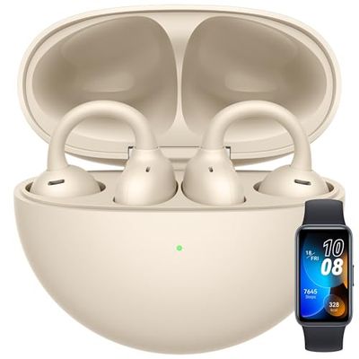 Huawei FreeClip, Design innovativo con clip per un comfort senza pari, Ascolta con open-ear, Cancellazione del rumore AI per chiamate, Batteria lunga durata, Android & iOS/Beige+Band 8
