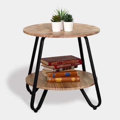 MEUBLE COSY Stolik pomocniczy, okrągły stolik nocny, stolik do salonu, z półką, do salonu, sypialni, industrialny design, metalowy stelaż, dąb, drewno, 46 x 46 x 45 cm