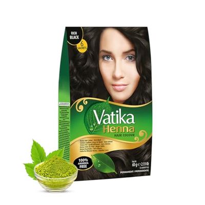 Vatika Henna Rich Black Hair Colour - 60g (6 x 10g Sachets), Natural & Nourishing Hair Dye, 100% Ammonia Free, For Vibrant Color, Shine, & Coverage