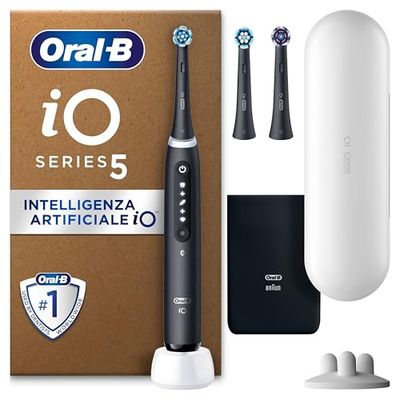 Oral-B Spazzolino Elettrico Ricaricabile iO 5 Nero, 3 Testine di Ricambio, 1 Custodia Da Viaggio. 1 Spazzolino