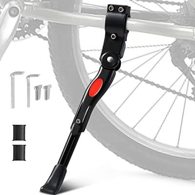 Vinabo Fietsstandaard, verstelbaar, hoge kwaliteit, aluminiumlegering, zijstandaard, fietsstandaard, antislip rubberen voet, 24-27 inch, BMX, 700c, MTB-zwart